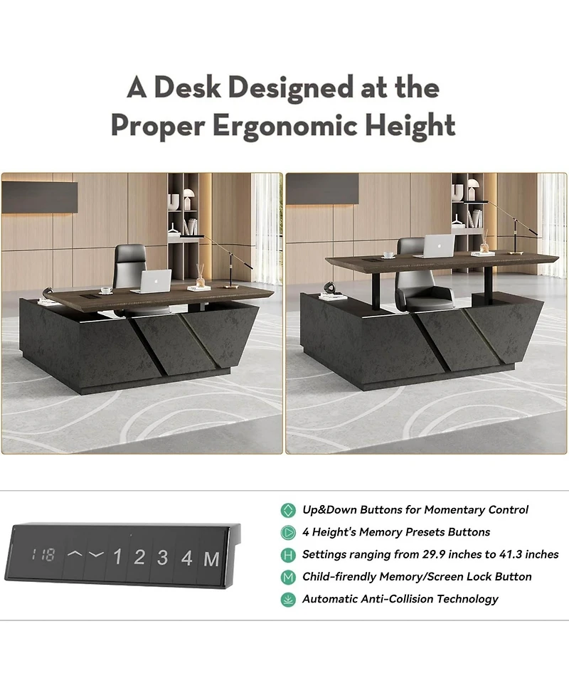 Logicfox Adjustable Executive Desk with Drawers File Cabinets Led Light