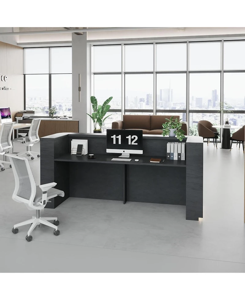 Logicfox 70.8in Curved Reception Desk, Mid Century Front Desk Reception Room Table with Power Outlet and Led Light