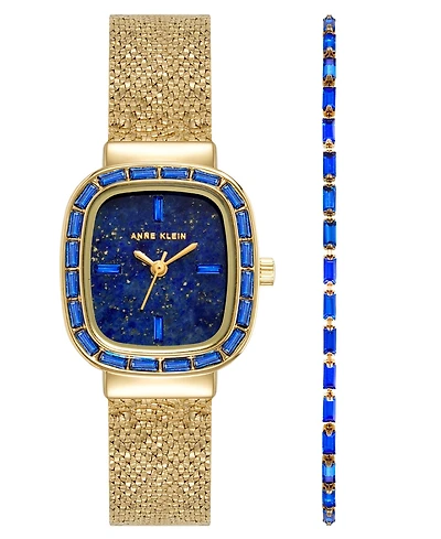 Anne Klein Women's Quartz Blue Lapis Dial Barrel-shaped Gold-Tone Stainless Steel Mesh Watch Set 22.6mm