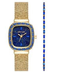 Anne Klein Women's Quartz Blue Lapis Dial Barrel-shaped Gold-Tone Stainless Steel Mesh Watch Set 22.6mm
