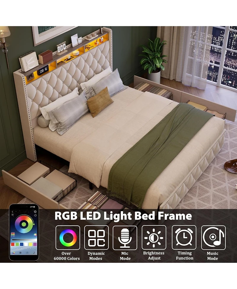 gaomon Bed Frame with 50.8 Inch Tall Headboard, Platform Leather Upholstered 4 Storage Drawers, Usb Charging Station