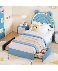 gaomon Princess Twin Bed Frame with 4 Drawers And Led Lights, Upholstered Platform Rainbow Headboard
