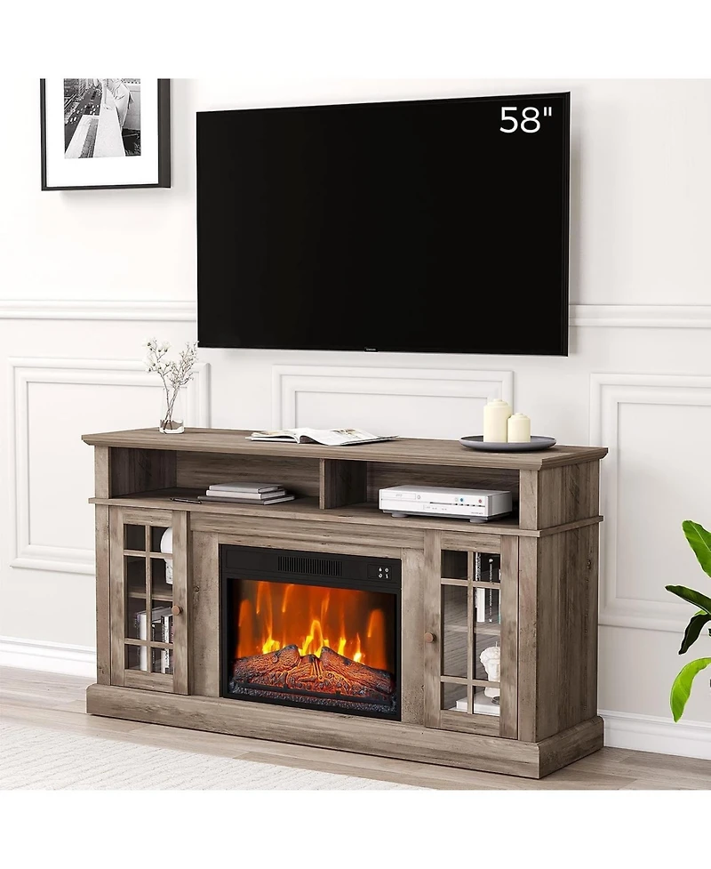 gaomon 58" Wooden Tv Stand with Electric Fireplace Insert Storage Cabinets Rustic Console