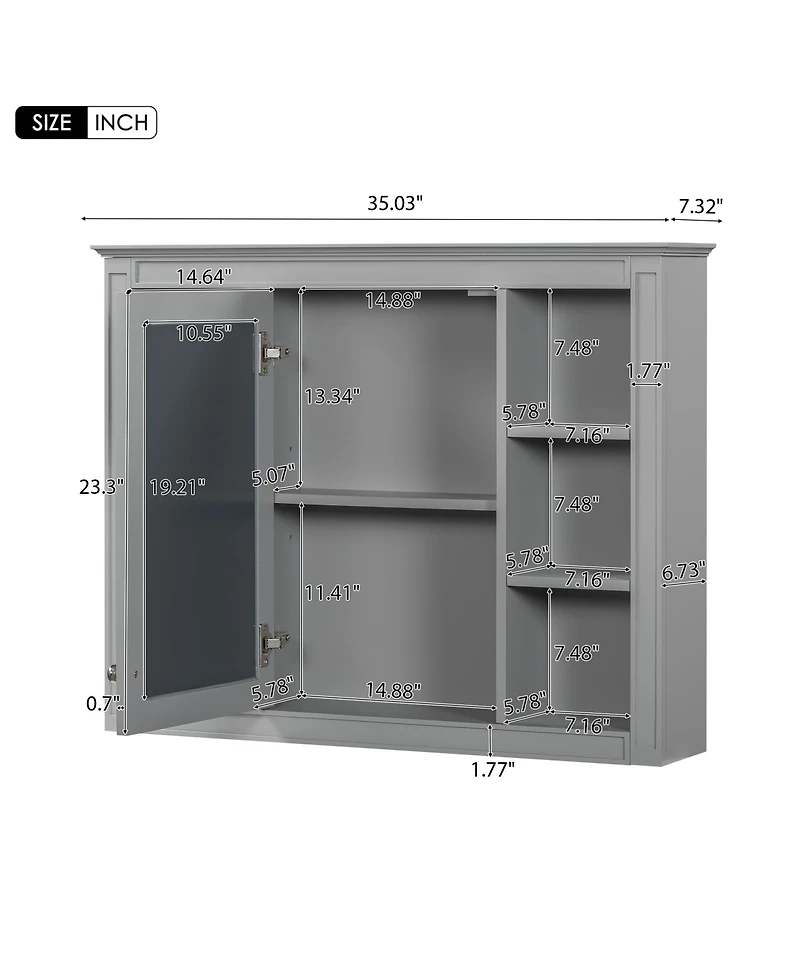 Rainsken 35" x 27.5" Wall Mounted Bathroom Storage Cabinet with Adjustable Shelves and Mirror