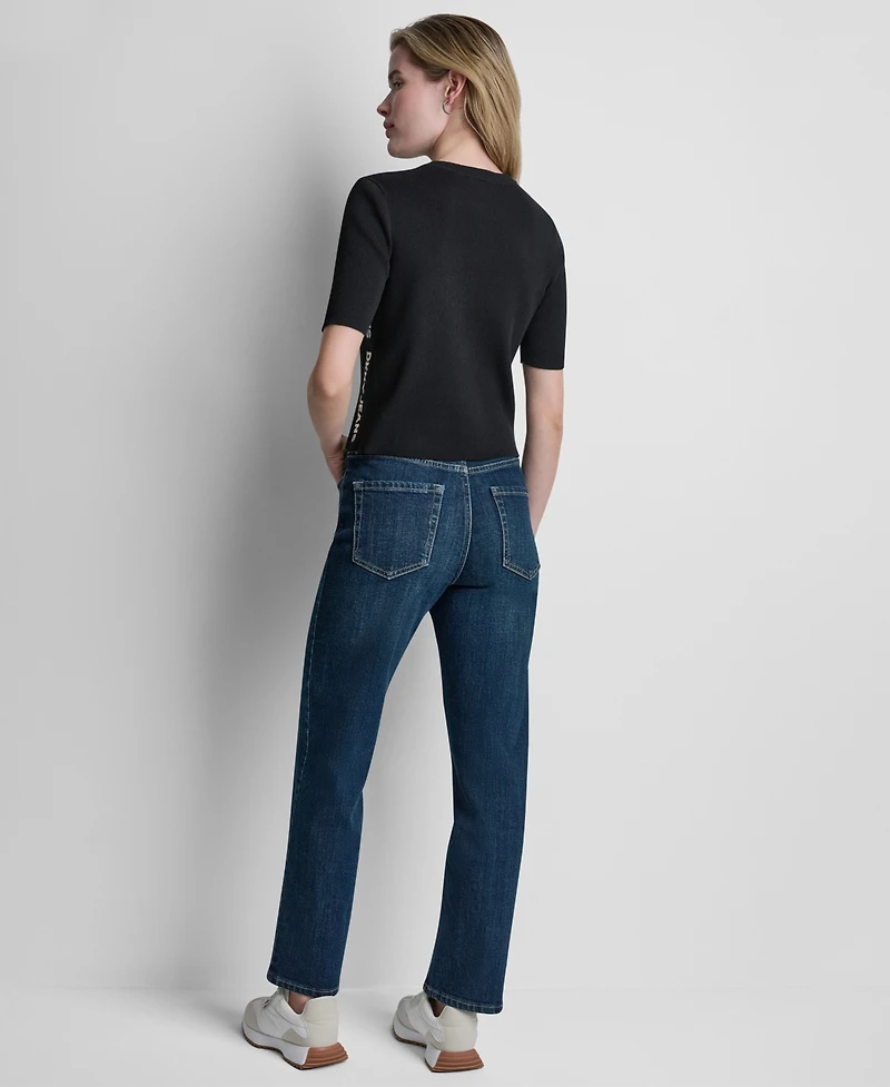 Dkny Jeans Women's Side Logo Button Front Elbow Sleeve Crewneck Sweater