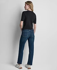 Dkny Jeans Women's Side Logo Button Front Elbow Sleeve Crewneck Sweater