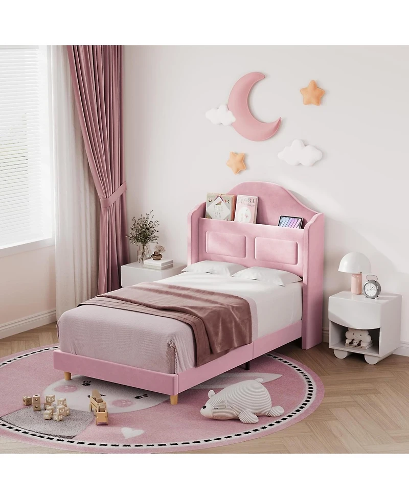 gaomon Twin Velvet Platform Bed with Wingback And Led