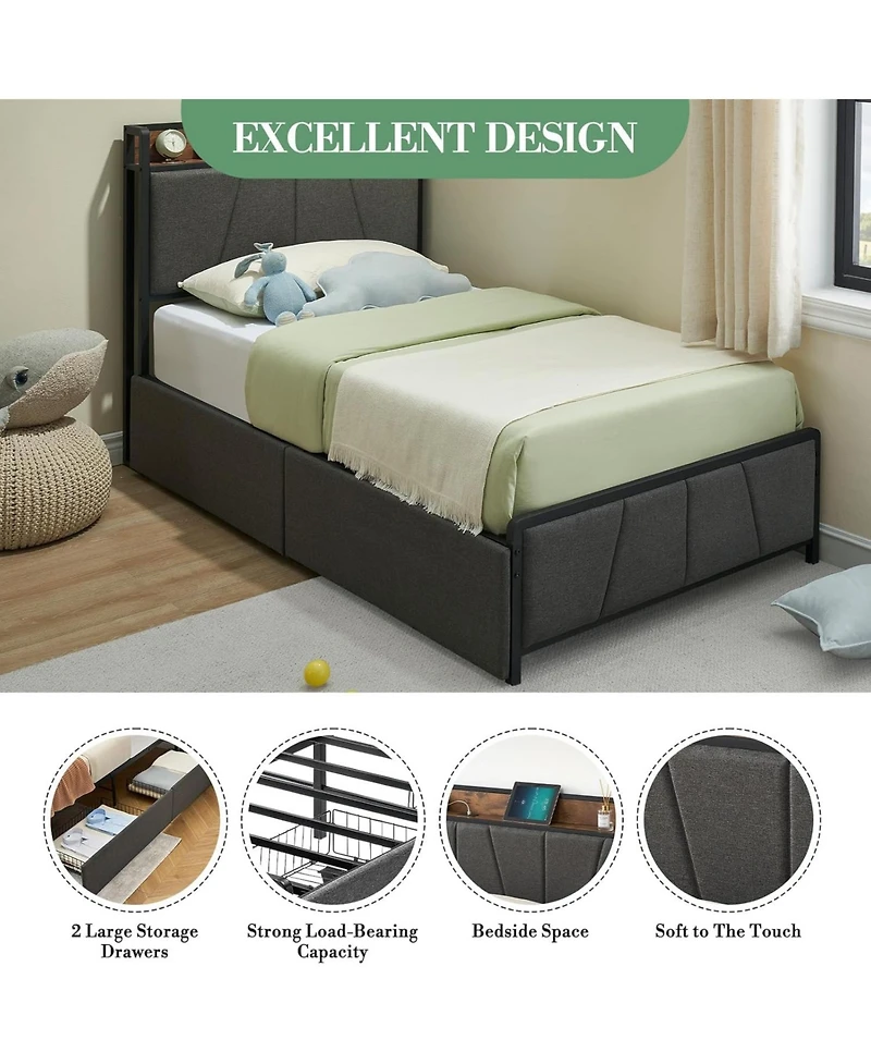 gaomon Twin Upholstered Bed with Storage Headboard, 2 Drawers and Usb