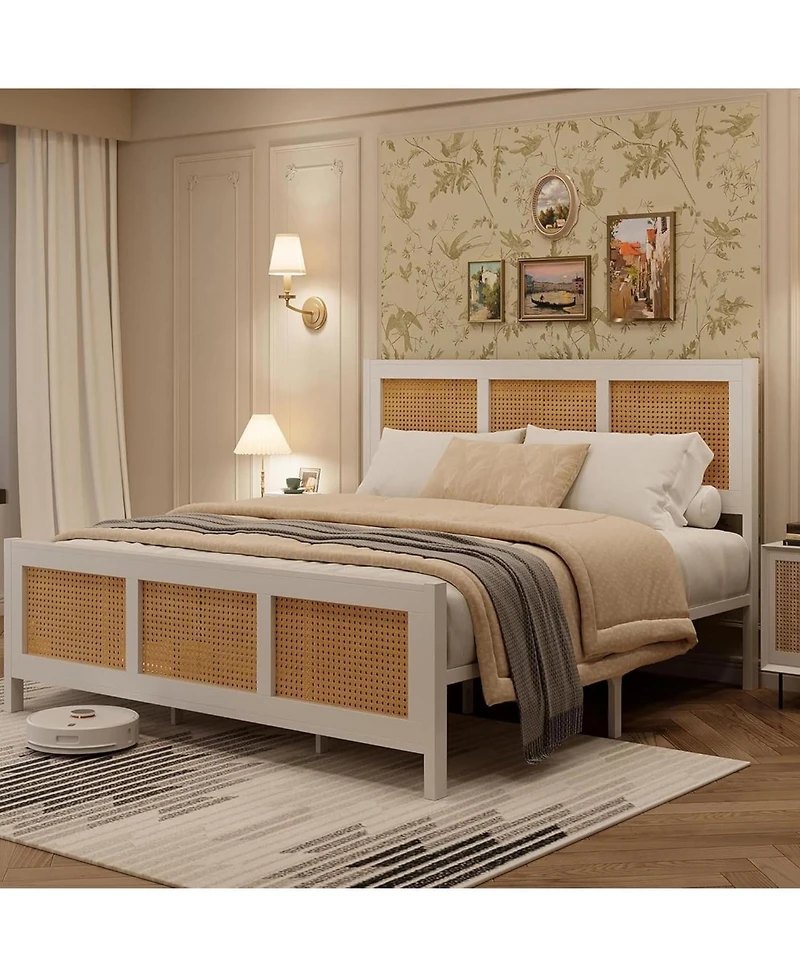 gaomon Rattan Platform Bed, Woven Cane Headboard, 14" Storage