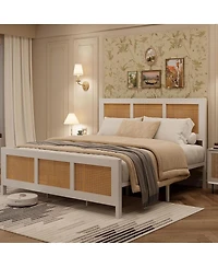 gaomon Rattan Platform Bed, Woven Cane Headboard, 14" Storage