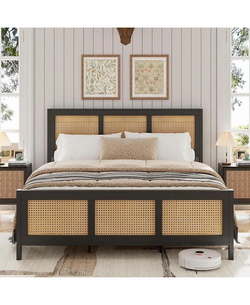 gaomon King Rattan Platform Bed with Headboard