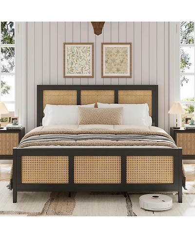 gaomon King Rattan Platform Bed with Headboard