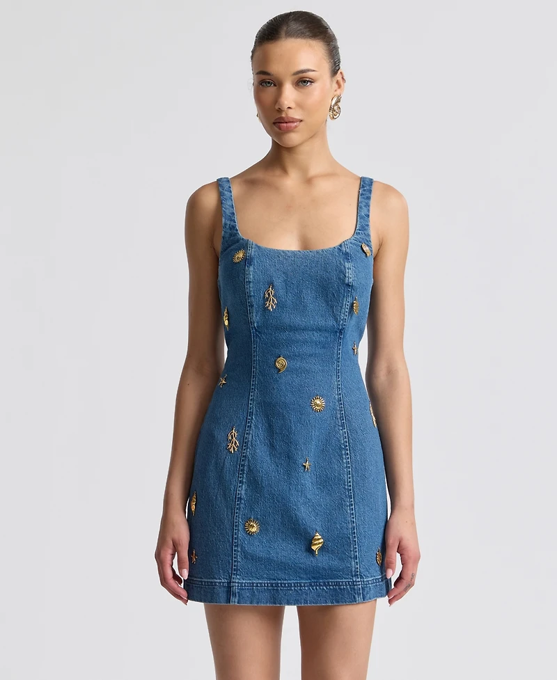 Avec Les Filles Women's Denim Charm Applique Mini Dress