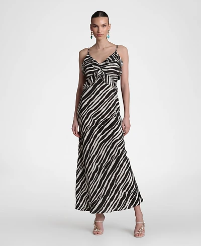 Avec Les Filles Women's Viscose-Blend Braided Tie Ruffle Maxi Dress