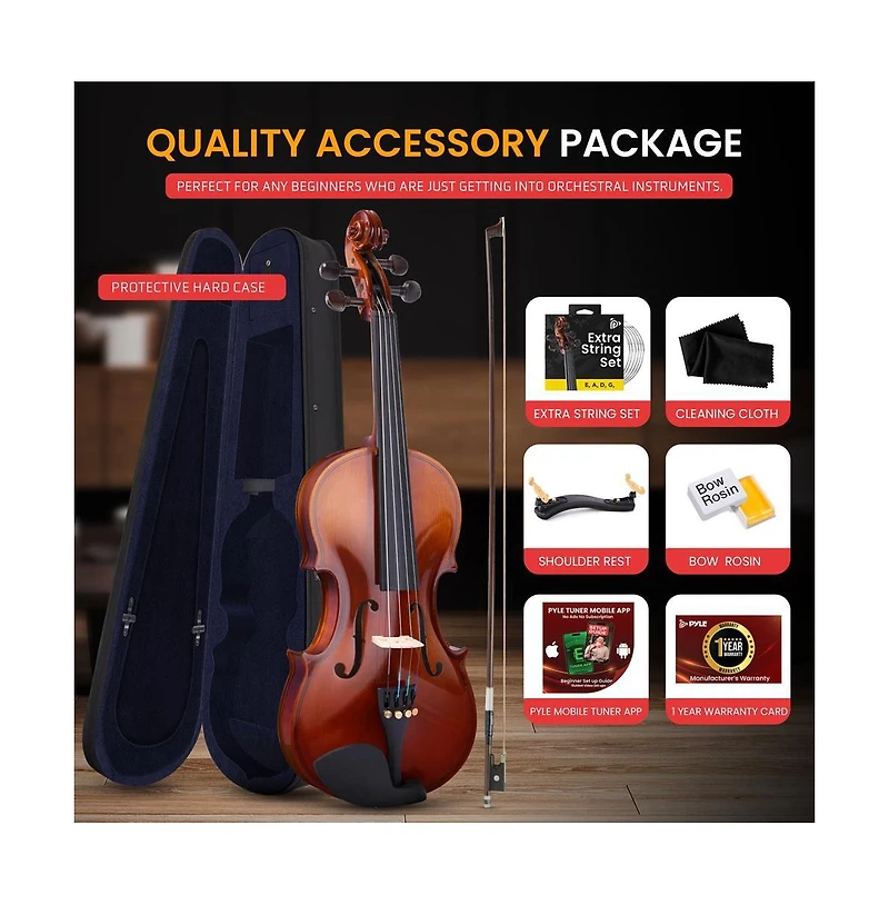 Pyle Premium Solid Wood Full Size Violin Kit, 4/4 Violin Starter Package with Travel Case & Bow, Extra Strings, Digital Tuner