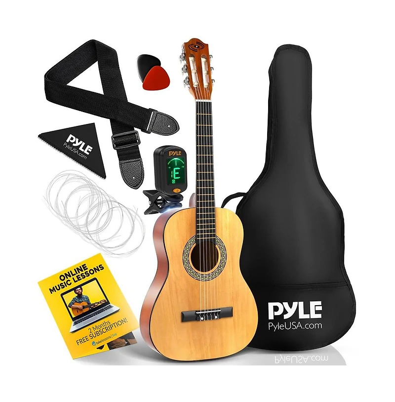 Pyle 1/2 Size Beginner Acoustic Guitar Kit - 34" Junior All Wood Guitar with Case, Strap, Picks & Lesson Access