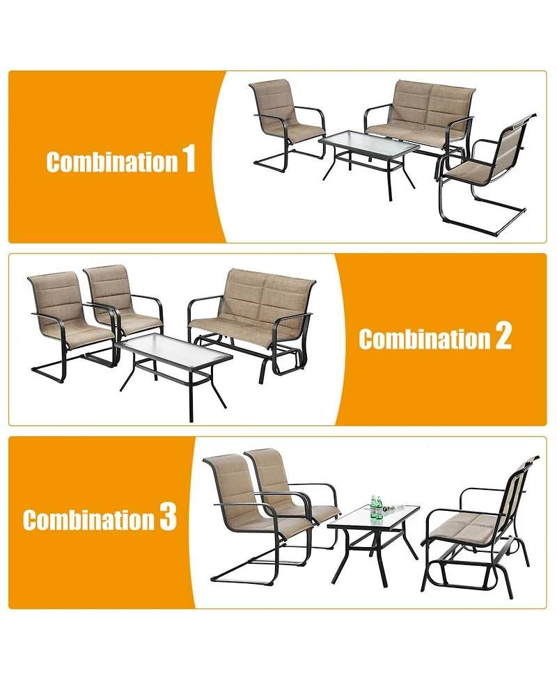 Gymax 4Pieces Patio Conversation Set Cotton Padded Furniture Set with Swing Glider Loveseat
