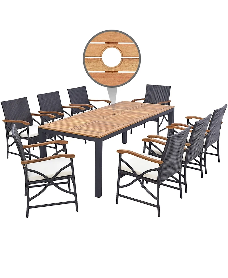Gymax Set of 9 Outdoor Dining Table with Acacia Wood Table and Cushions 1.9'' Umbrella Hole
