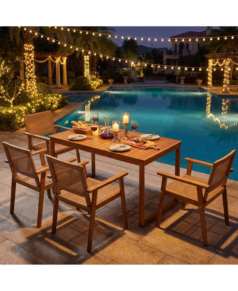 Gymax 5PCS Acacia Wood Dining Set Outdoor Table and Rattan Chairs for Balcony Poolside