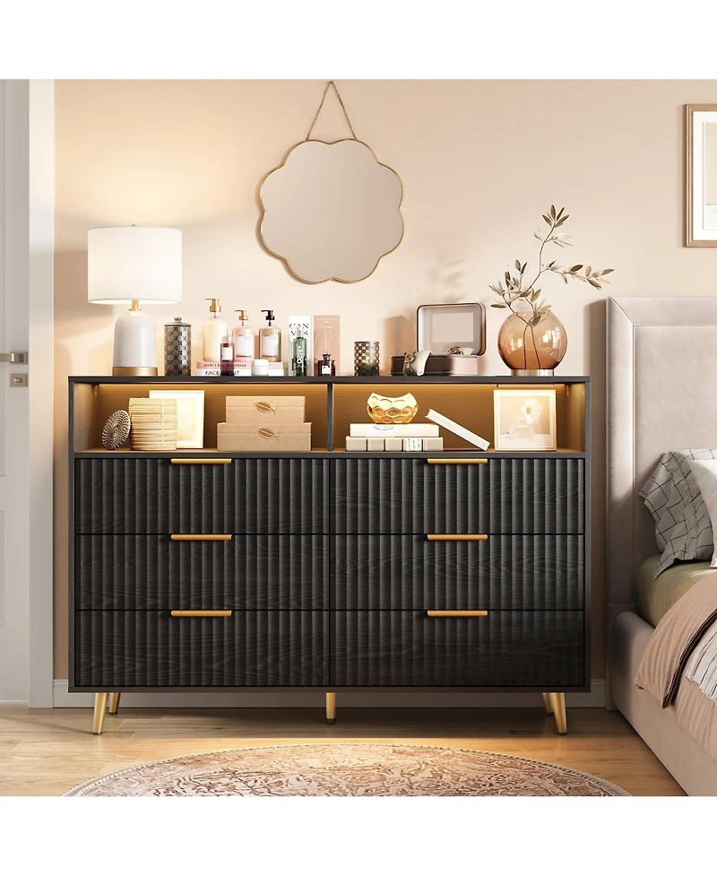homfan 6-Drawer Fluted Dresser with Charging Station and Rgb Led Lights, Wide Storage Chest Open Shelf for Bedroom, Living Room, Hallway