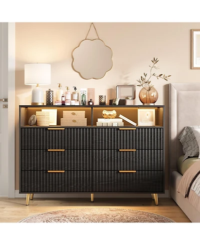 homfan 6-Drawer Fluted Dresser with Charging Station and Rgb Led Lights, Wide Storage Chest Open Shelf for Bedroom, Living Room, Hallway