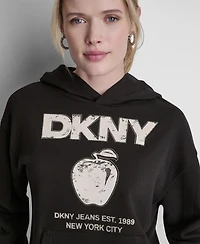 Dkny Jeans Women's Long-Sleeve Big Apple Rhinestone Flocking Logo Hooded Sweatshirt