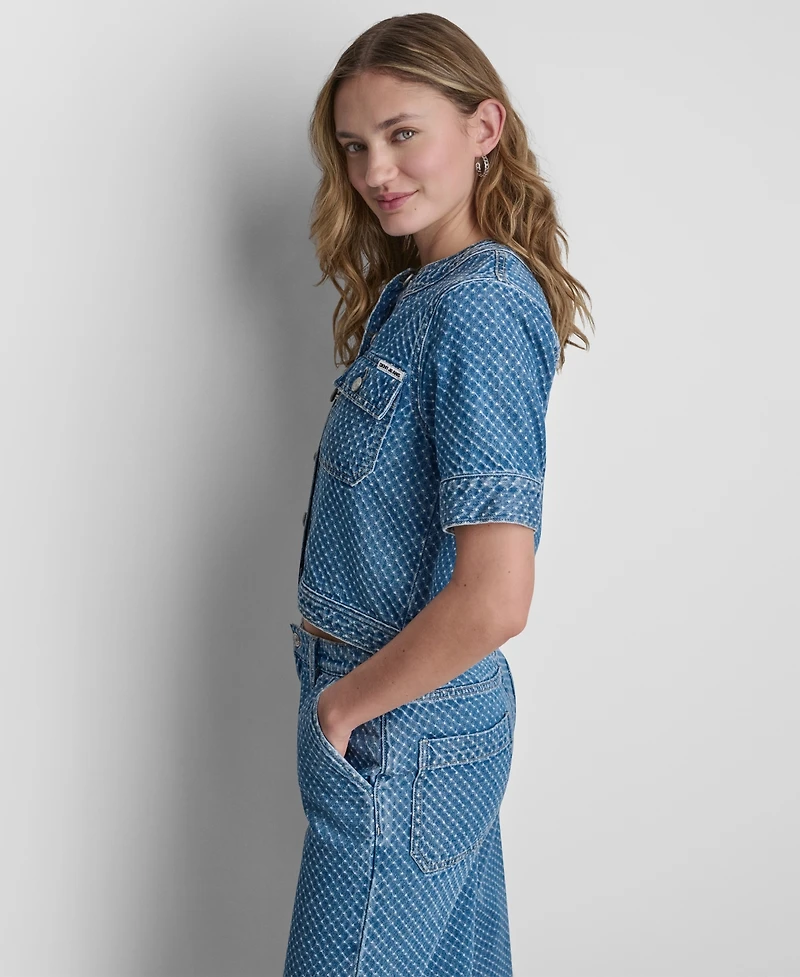 Dkny Jeans Women's Cropped Patch Pocket Short-Sleeve Boucle Denim Shirt Jacket