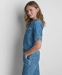 Dkny Jeans Women's Cropped Patch Pocket Short-Sleeve Boucle Denim Shirt Jacket