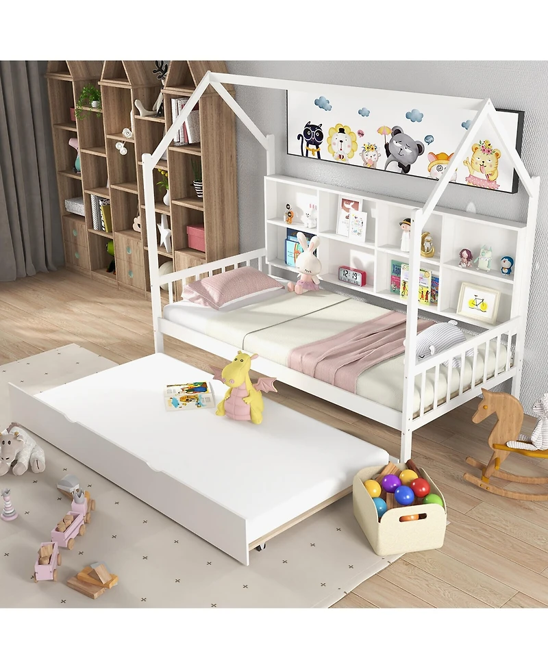 Gymax Twin House Daybed with Trundle Wooden Bed 8 Storage Shelf Compartments