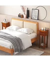 Gymax 2Pieces Solid Wood Side Table Home Rectangular Sofa Side Table with Acacia Wood Top Telephone Table