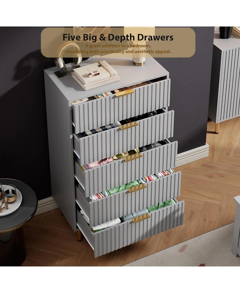 homfan Modern Fluted 5 Drawer Dresser - 48" Tall Wooden Chest with Deep Storage, Wide Top, Organizer for Bedroom, Living Room, Hallway, Kids Room