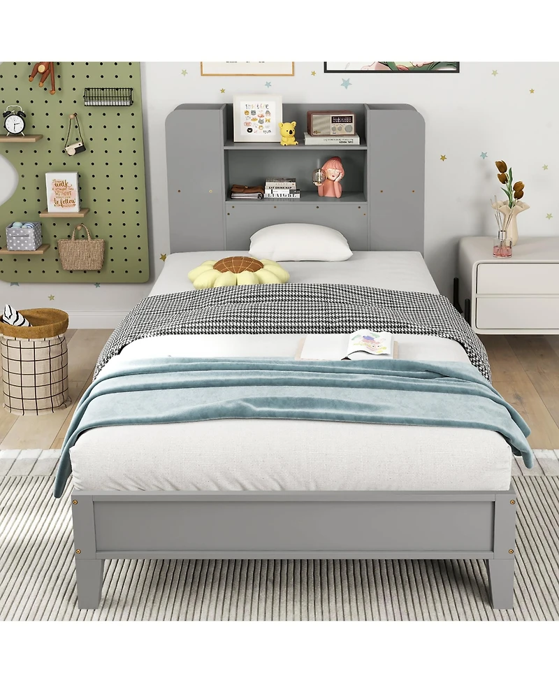 Gymax Twin Size Bed Frame Wooden Platform Bed Kids Bed Frame w/ Bookcase Headboard