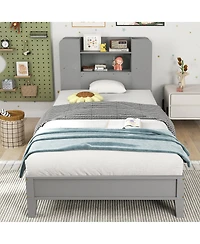 Gymax Twin Size Bed Frame Wooden Platform Bed Kids Bed Frame w/ Bookcase Headboard