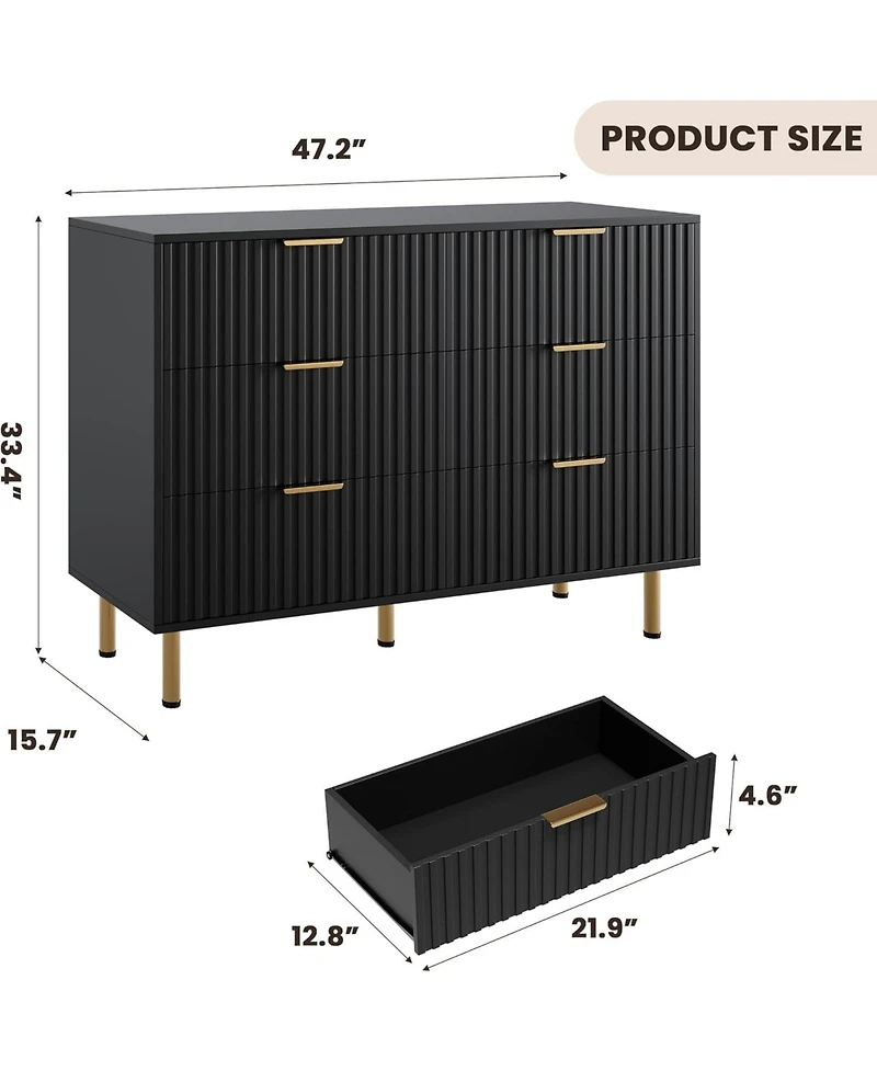 homfan Modern Fluted 6 Drawer Dresser - Wide Wooden Chest with Deep Drawers Double Tv Stand for Bedroom, Living Room, Hallway, Kids Room