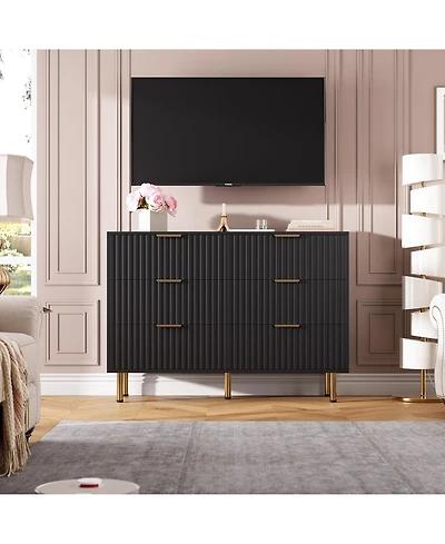 homfan Modern Fluted 6 Drawer Dresser - Wide Wooden Chest with Deep Drawers Double Tv Stand for Bedroom, Living Room, Hallway, Kids Room