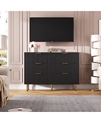 homfan Modern Fluted 6 Drawer Dresser - Wide Wooden Chest with Deep Drawers Double Tv Stand for Bedroom, Living Room, Hallway, Kids Room