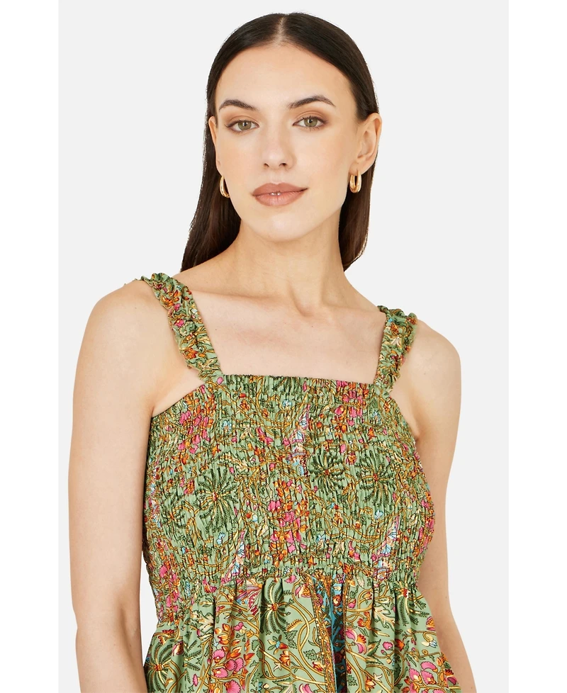 Yumi Women's Foil Palm Print Ruched Midi Dress