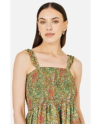Yumi Women's Foil Palm Print Ruched Midi Dress