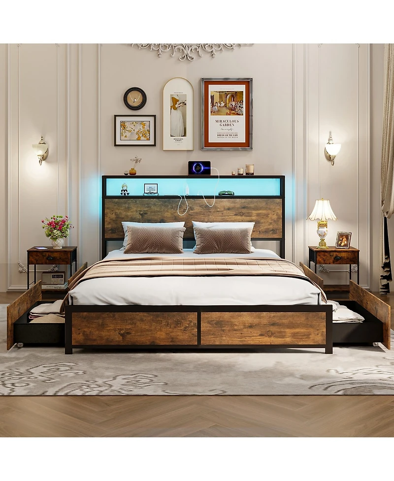 Gymax Queen Industrial Platform Bed Frame w/ Storage Drawers and Led Lights Headboard