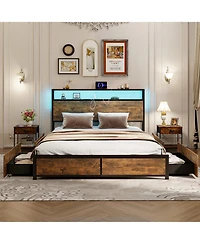 Gymax Queen Industrial Platform Bed Frame w/ Storage Drawers and Led Lights Headboard