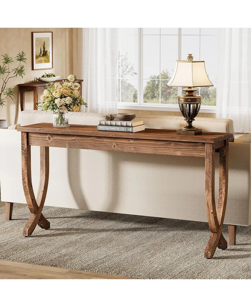 Slickblue Farmhouse Entryway Console Table, Solid Wood Sofa Table for Living Room-Brown