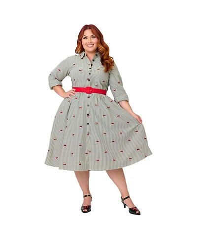 Unique Vintage Plus Size Long Sleeve Belted Shirt Dress