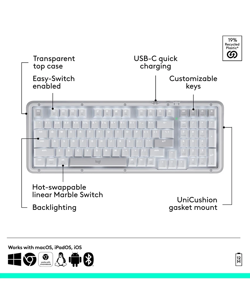 Logitech Alto Keys K98M: Customizable Wireless Mechanical Keyboard, Vibration Absorbing Gasket, Backlit, Bluetooth/Usb-c, Pc/Mac/Laptop.