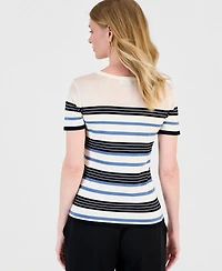 T Tahari Women's Short-Sleeve Striped Crewneck Top
