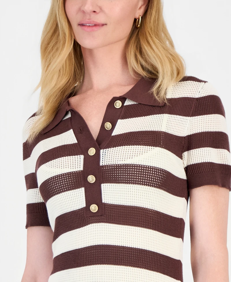 T Tahari Women's Striped Short-Sleeve Polo Midi Dress