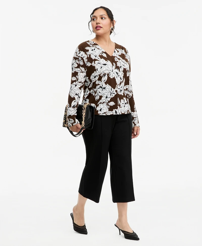 I.n.c. International Concepts Plus Floral-Print Pleated V-Neck Long-Sleeve Top, Macy's Exclusive