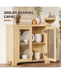 homfan Wooden Sideboard Credenza, Buffet Cabinet with Tempered Glass Doors for Living Room, Dining Room and Kitchen Storage