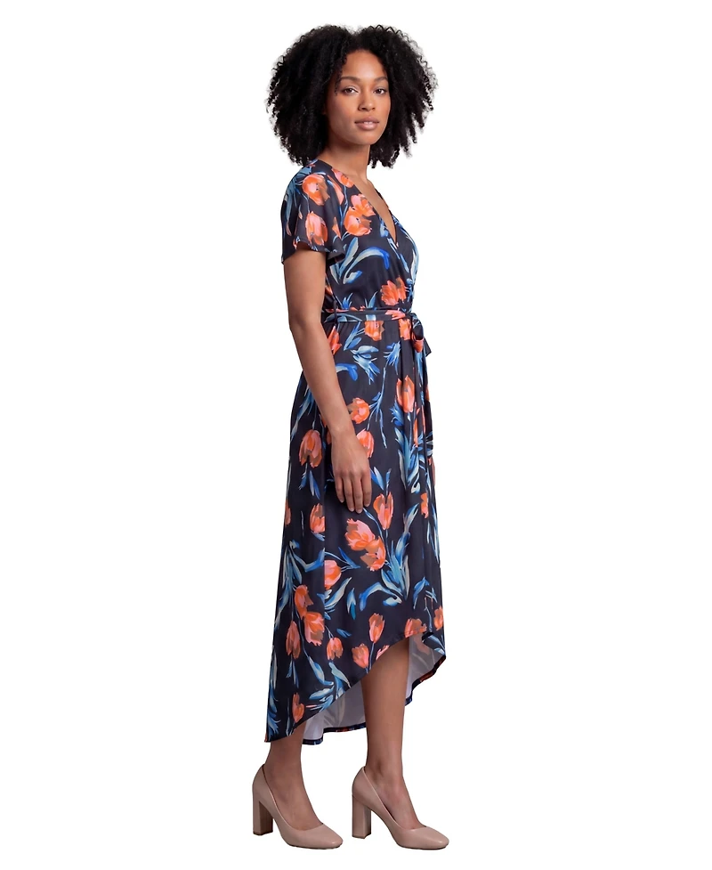 24seven Comfort Apparel Petite Essential Black Floral Print Short-Sleeve Dress