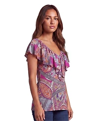 24seven Comfort Apparel Petite Essential Paisley Print V-Neck Top