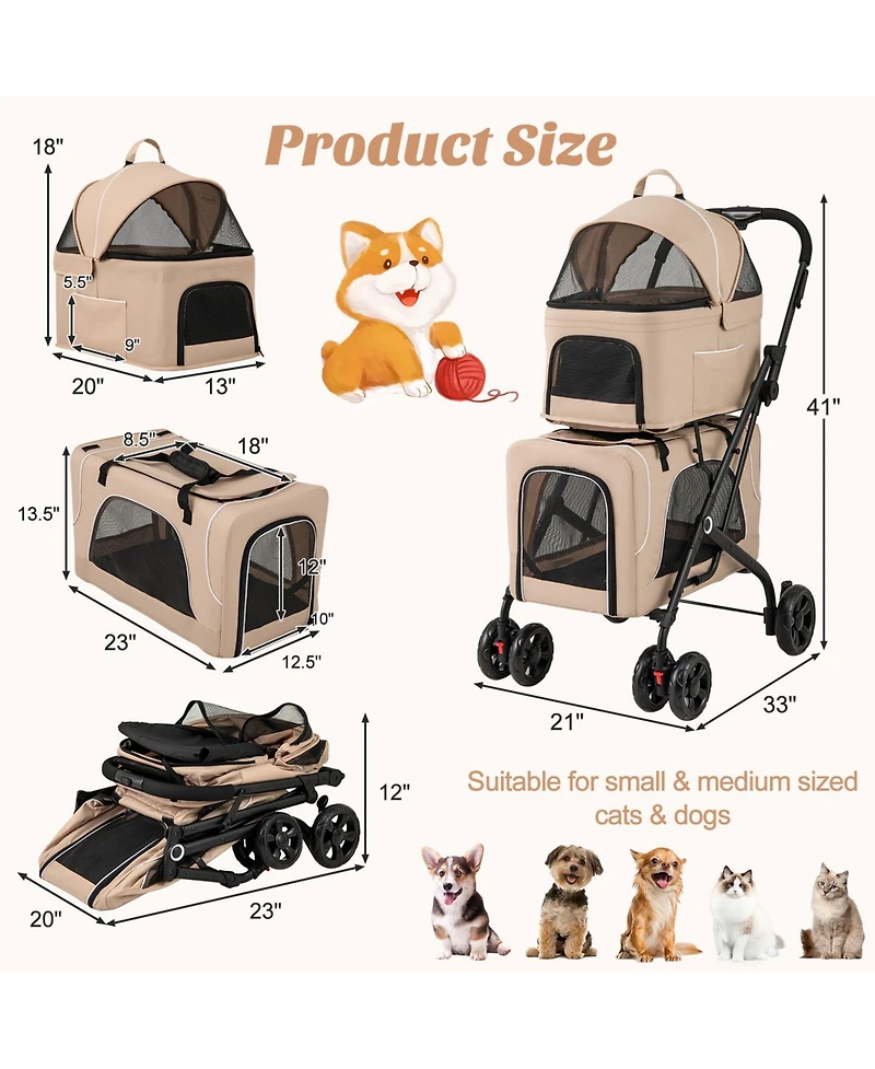 Cozito Double Pet Stroller Foldable 3-in-1 with 2 Detachable Carriers, Beige